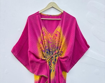 Handmade Crepe Silk Kaftan Dress, Boho Maxi Resort Wear, Vintage Upcycled Sari Silk