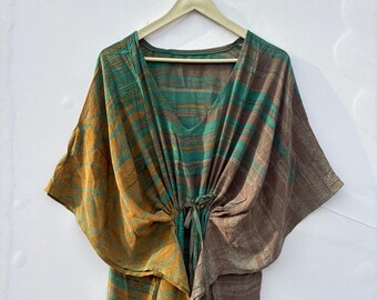 Handmade Crepe Silk Kaftan Dress, Vintage Boho Maxi, Elegant Silk Resort and Beach Wear