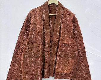 Handmade Indigo Kantha Jacket, Cotton Quilted Open Front Coat, Boho Style