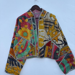 Indyjska kurtka Kantha Gudri w stylu vintage, pikowana, dwustronna, w stylu folk