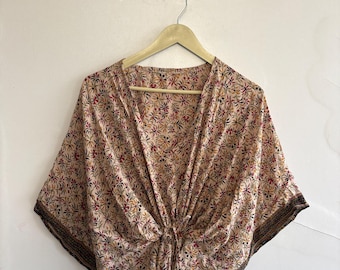Handmade Vintage  Crepe Silk Kaftan, Boho Resort Dress, Tie-Dye Loungewear