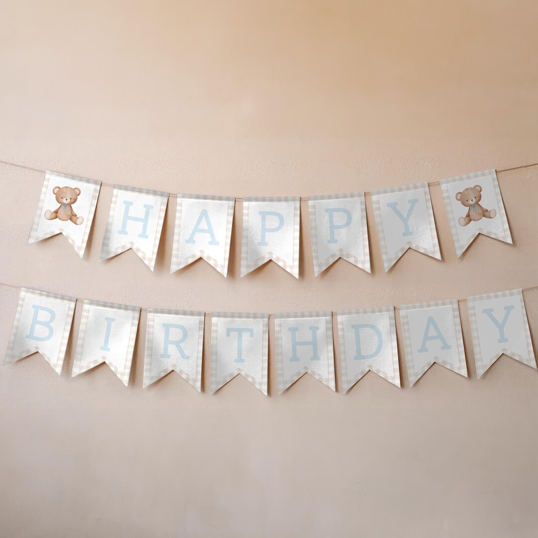 Beary First HAPPY BIRTHDAY Banner, Editable 5x7 Banners, Teddy Bear 1st ...