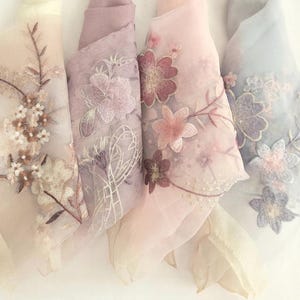 Sheer Silk Floral Scarf | Metallic Embroidered Wrap | Lightweight Shawl | Neutral - Jewel Tones