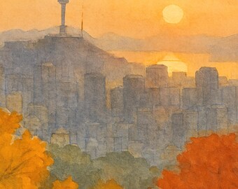 Acuarela de atardecer otoñal en Seúl – Paisaje urbano de la Torre Namsan (Descarga digital)