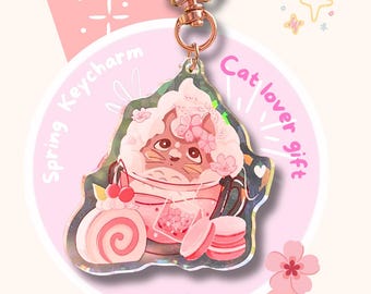 Llavero de gato kawaii, dije acrílico de sakura, dije para bolso de flor de cerezo, lindo regalo para amantes de los gatos, accesorio de anime