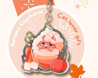 Llavero de gato calabaza de otoño, llavero de gato kawaii, dije acrílico de Pumpkin Spice Latte, dije para bolso de otoño, lindo regalo para amantes de los gatos, llavero de otoño