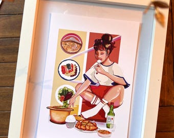 Lámina artística - Fiesta de pijamas Mukhbang - Relajación retro y delicias coreanas