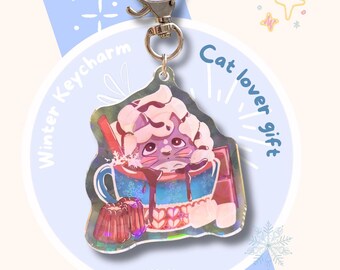 Llavero de gato de invierno, dije acrílico de chocolate caliente, dije para bolso kawaii, lindo regalo para amantes de los gatos, acogedor accesorio de invierno