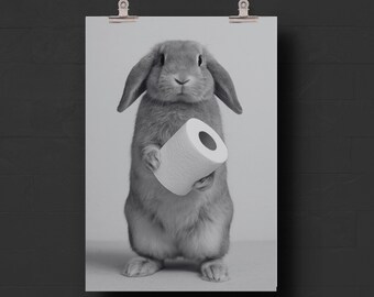 Funny Rabbit Toilet Paper Poster, Quirky Bathroom Decor