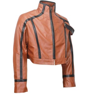 May include: A brown leather jacket with black accents. The jacket features a high collar, a full-length zipper, and black stripes along the sleeves and front. A small black pocket detail is on the upper left chest.