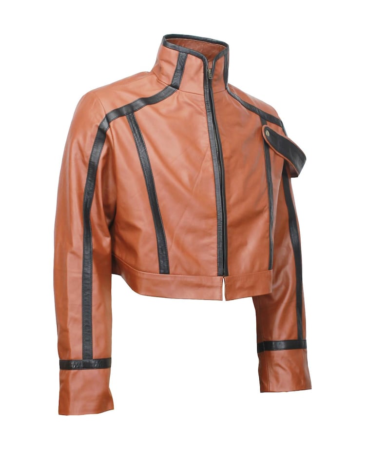 May include: A brown leather jacket with black accents. The jacket features a high collar, a full-length zipper, and black stripes along the sleeves and front. A small black pocket detail is on the upper left chest.
