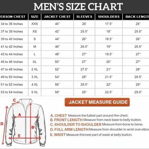 May include: A size chart for men's jackets, detailing chest, sleeve, shoulder, and back length measurements in inches. Includes a diagram illustrating jacket measurement points. Sizes range from XXS to 5XL.