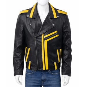 May include: Black leather jacket featuring yellow stripes on the shoulders, sleeves, and chest. The jacket has an asymmetrical zip, two zipped pockets, and a notched collar. The jacket is displayed on a mannequin.