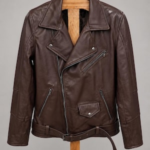 Women's Dark Brown Leather Biker Jacket with Embossed Back Design