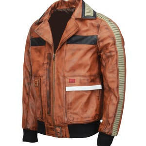 May include: Brown leather jacket with a distressed finish. Features include a zip closure, black accents, and a ribbed design on the sleeves. The jacket has two front pockets and a black ribbed hem and cuffs.