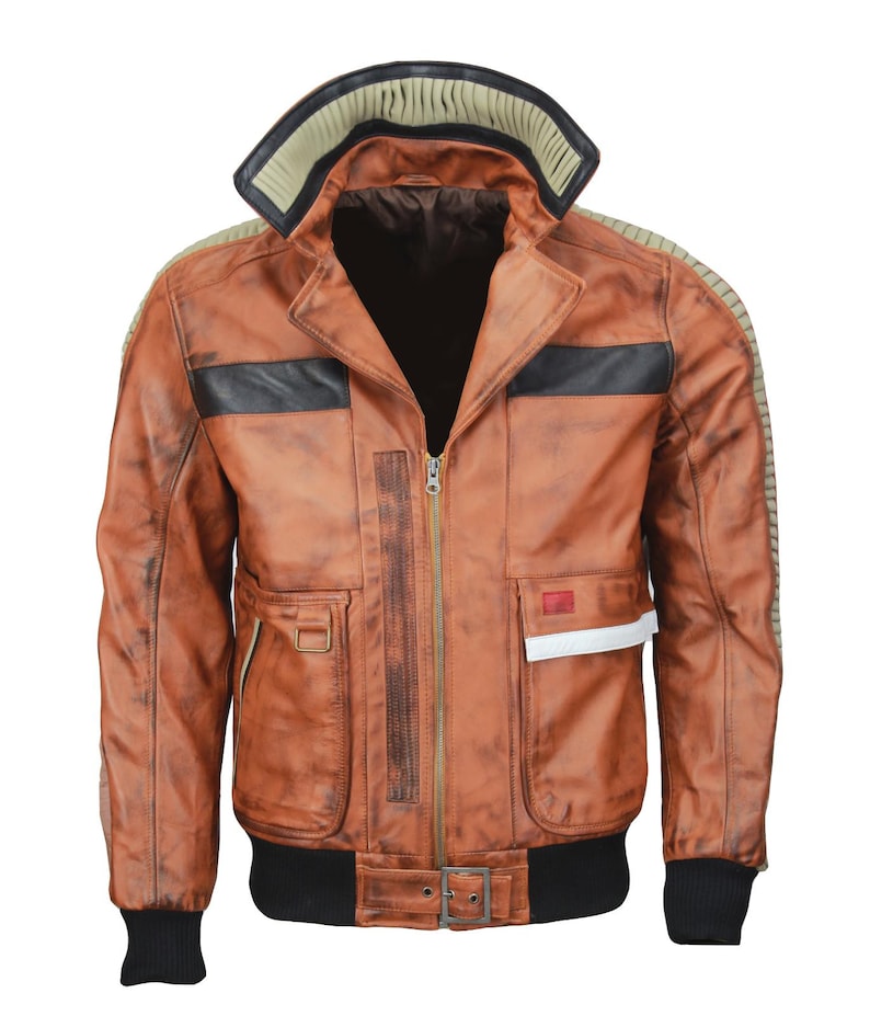 May include: A brown leather jacket with a distressed finish. The jacket features a black collar, black stripes across the chest, and multiple pockets. It has a zipper closure and a ribbed black hem and cuffs.
