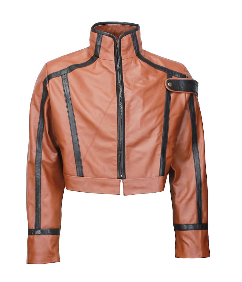 May include: A brown leather jacket with black accents. The jacket features a high collar, a full-length zipper, and black stripes down the sleeves and sides. A black accent is on the shoulder. The jacket is a cropped style.