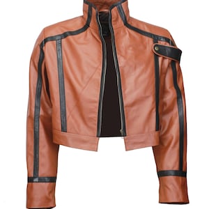 May include: A brown leather jacket with black accents. The jacket features a high collar, a full-length zipper, and black stripes along the sleeves and shoulders. A small black pocket is on the upper left sleeve.