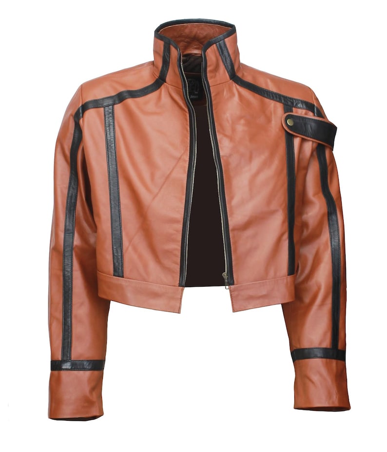 May include: A brown leather jacket with black accents. The jacket features a high collar, a full-length zipper, and black stripes along the sleeves and shoulders. A small black pocket is on the upper left sleeve.