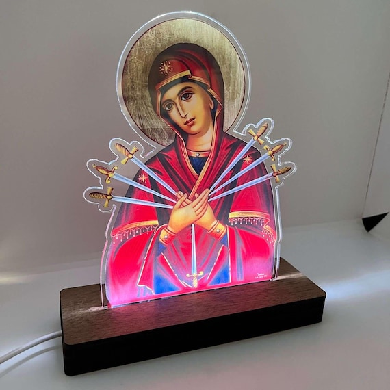 Lamp with Saint Paisios with wooden base with 7 color led
