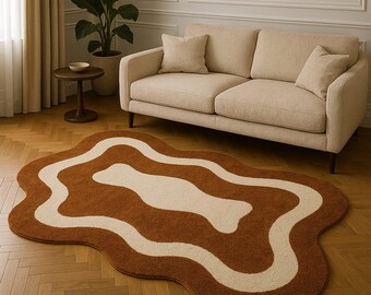 Moderner Abstrakter Boho Teppich Kurzflor Teppich, Braun und Creme, Mid Century Modern Home Decor