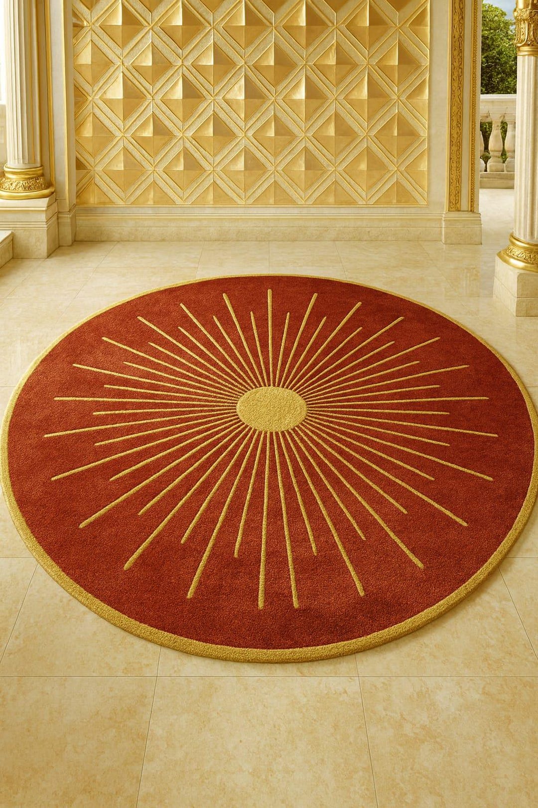 Luxury Red and Gold Sunburst Rug: Modern Round Accent Carpet - Etsy