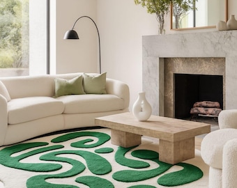 luxury Hand Tufted Wavy Rug: Modern Green & White Abstract Area Rug For Home Decor