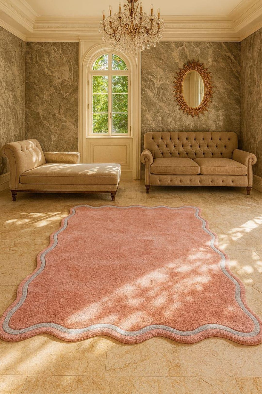 Peachy Rustic Rug Luxury Handmade Peach Wavy Edge Rug: Modern Pastel Floor Rug Home Decor ...
