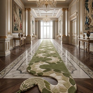 Ormformad löparmatta, tuftad ormmatta, maximalistisk hallmatta, bohemisk djurmatta, handgjord iögonfallande matta, modern entrématta