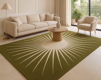 Luxury Olive Green Sunburst Rug: Modern Geometric Carpet For Home Decor