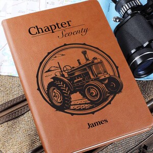 Puede incluir: Un diario de cuero marrón con las palabras "Chapter Seventy" y el nombre "James" impresos en la portada. Una ilustración negra de un tractor está en el centro. El diario está sobre un mapa y una maleta.