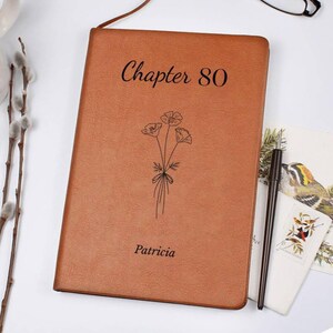 Puede incluir: Un diario de cuero marrón con el texto "Chapter 80" y el nombre "Patricia" impresos en la portada. También presenta una ilustración floral. Un bolígrafo negro y una postal con una ilustración de un pájaro están junto al diario.