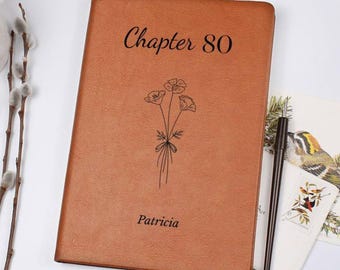 May include: A brown leather journal with the text "Chapter 80" and the name "Patricia" printed on the cover. A floral illustration is also featured. A black pen and a postcard with a bird illustration are next to the journal.