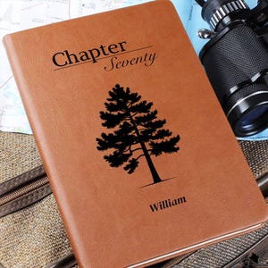 Puede incluir: Un diario de cuero marrón con las palabras "Chapter Seventy" y un dibujo de un árbol. El nombre "William" está impreso en la parte inferior. El diario está sobre un mapa y una maleta.