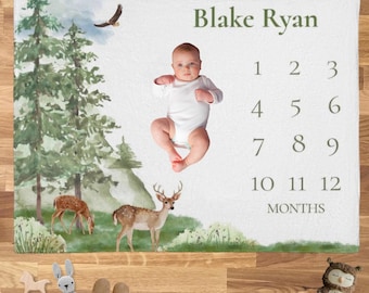 Personalized Baby Milestone Blanket Boy Custom Baby Shower Gift Woodland