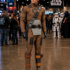 May include: A person in a brown Star Wars costume with black gloves, a grey chest plate, and a utility belt. The costume includes brown boots and a shoulder strap. The background features Star Wars Celebration banners and other cosplayers.