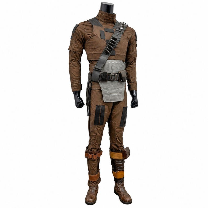 May include: A brown costume with a high collar, long sleeves, and matching trousers. The outfit features a grey chest plate, a black shoulder strap with pouches, and brown boots. Black gloves complete the look, displayed on a mannequin.