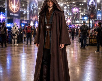 May include: A person wearing a brown hooded robe with a brown belt and a dark brown tunic. The person is standing in a convention center with banners and other people in the background. The robe is long and flowing.