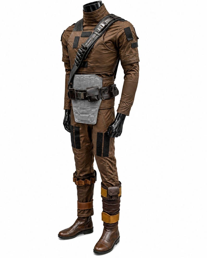 May include: A brown costume with a high collar, shoulder strap, and utility belt. The outfit includes a long-sleeved top, trousers, and boots. The costume has black accents and a grey chest plate. The boots are brown leather.