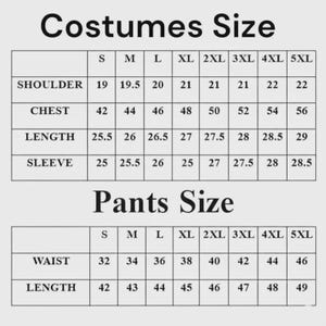 May include: A costume and pants size chart with measurements in inches. Sizes range from S to 5XL, detailing shoulder, chest, length, sleeve, waist, and length. The chart includes the text "Costumes Size" and "Pants Size" at the top, with measurements in inches.