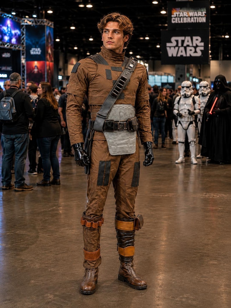 May include: A person in a brown Star Wars costume with black gloves, a grey chest plate, and a utility belt. The costume includes brown boots and a shoulder strap. The background features Star Wars Celebration banners and other cosplayers.