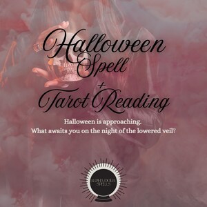 May include: A mystical image with the text "Halloween Spell + Tarot Reading." A skull is held in a person's hands, with a blurred, smoky background. The text "Halloween is approaching" is also present.