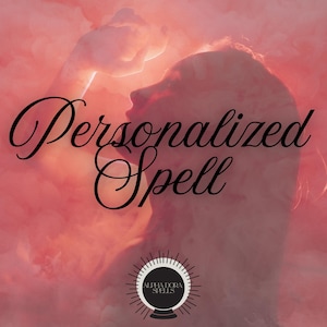 Puede incluir: Imagen rosa y roja con las palabras "Personalized Spell" en escritura cursiva. Se ve la silueta de una persona, con una mano levantada. La imagen incluye un logotipo con el texto "Alpha Dora Spells".