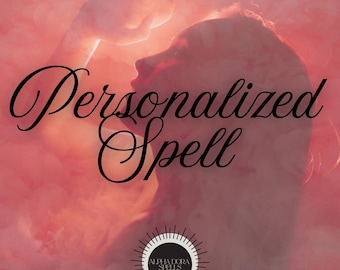 Puede incluir: Imagen rosa y roja con las palabras "Personalized Spell" en escritura cursiva. Se ve la silueta de una persona, con una mano levantada. La imagen incluye un logotipo con el texto "Alpha Dora Spells".
