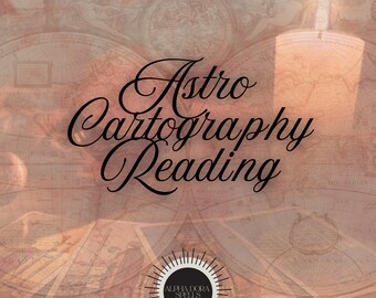 Pode incluir: Imagem com o texto "Astro Cartography Reading" em escrita elegante. O fundo apresenta um mapa-múndi vintage, com uma paleta de cores quentes. Um logotipo com o texto "ALPHA DORA SPELLS" está na parte inferior.