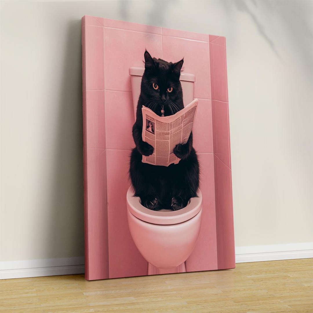 Black Cat Reading Newspaper on Toilet Canvas Print: Eclectic Wall Decor ...