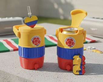 Kolumbien Fussball Mini Cooler Dosenhalter | 3D gedruckter Fußball-Dosenbecher mit Deckel & Dosenöffner | Los Cafeteros Heckklappen Zahnrad