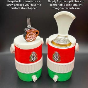May include: Two cylindrical beverage coolers in red, white, and green with a Mexican emblem. The left cooler has a closed lid with a straw and a brown mug-shaped topper. The right cooler has a flip-open lid revealing a metal beverage can inside.