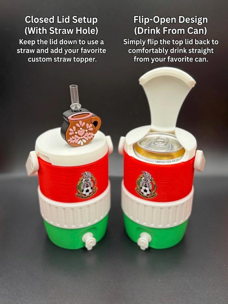 May include: Two cylindrical beverage coolers in red, white, and green with a Mexican emblem. The left cooler has a closed lid with a straw and a brown mug-shaped topper. The right cooler has a flip-open lid revealing a metal beverage can inside.