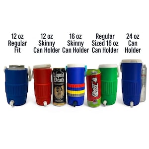 May include: A collection of plastic can holders in blue, red, and green, labeled 12 oz Regular Fit, 12 oz Skinny Can Holder, 16 oz Skinny Can Holder, Regular Sized 16 oz Can Holder, and 24 oz Can Holder, with various beverage cans inserted.